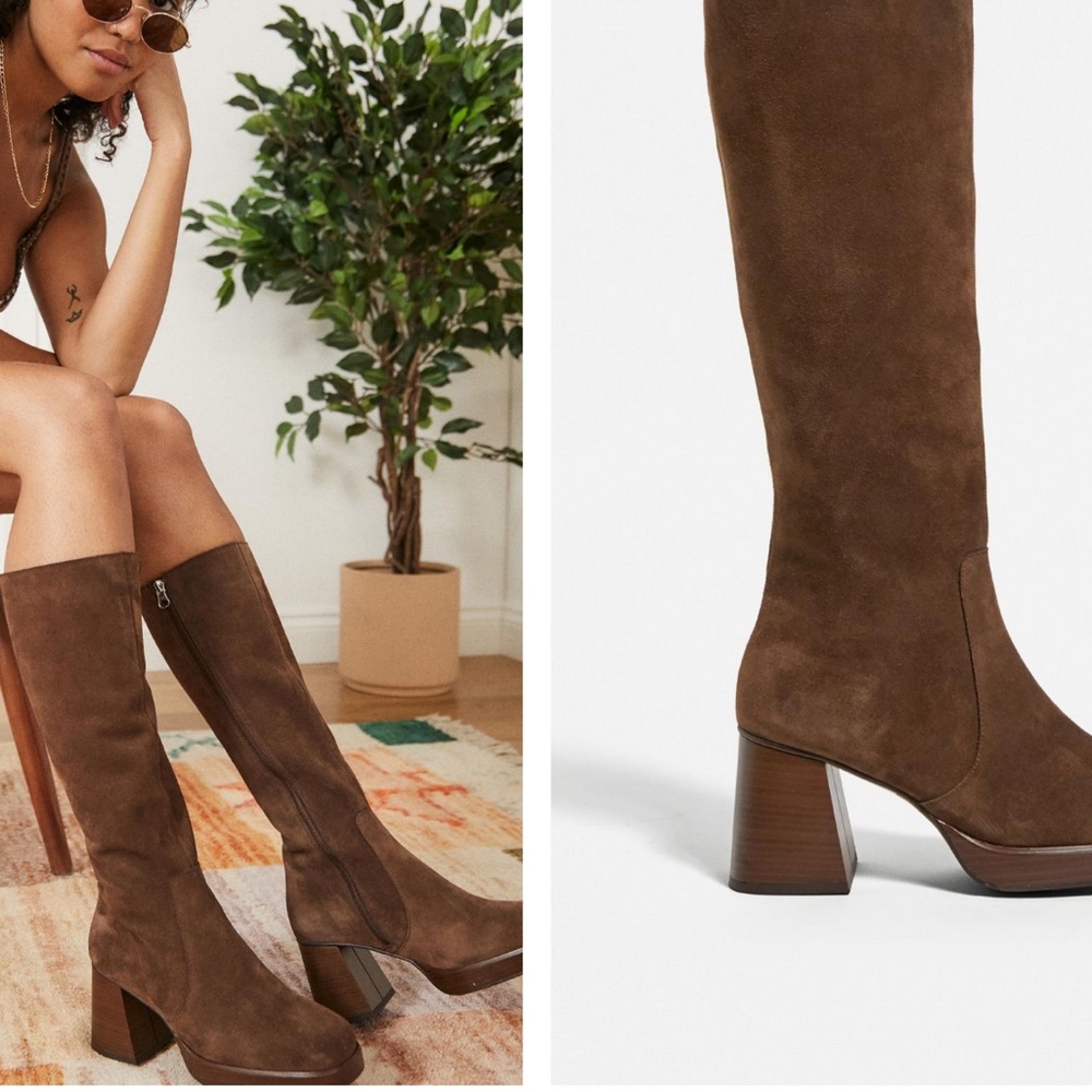 UO Vix Knee-High Chocolate Suede Boots